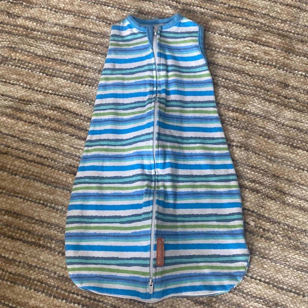 SwaddleMe Sleeveless Blue Green White Striped Zip Up Sleep Sack Swaddle SM